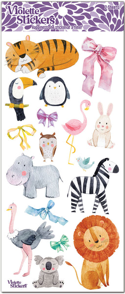 Adorable water color  baby animal stickers with pastel velvet bows. Tiger, penguin, flamingo, zebra, hippo, ostrich, rabbit, lion and toucan stickers.  Ideal for baby announcements, baby shower envelope seals and scrap booking keepsake pages. by Violette Stickers