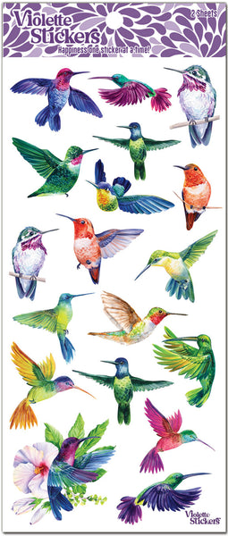 Brightly colored watercolor hummingbird stickers by Violette Stickers