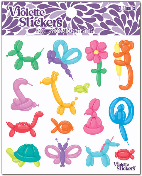 Small Bright and fun birthday balloon shaped animal stickers. Include monkey, snake, giraffe, fish, turtle, unicorn and butterfly balloon animals. Ideal for Birthday party treats instead of candy. by Violette Stickers