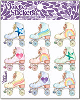 Watercolor pastel roller skates welcome you back to the 80's.  Funky retro roller skate stickers with hearts and stars. Love these stickers for planners or birthday party treats. by Violette Stickers