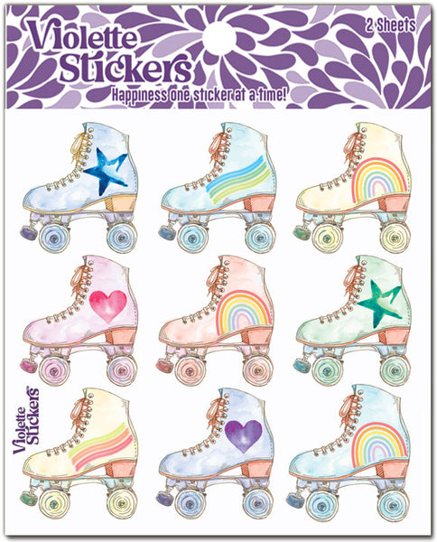 Watercolor pastel roller skates welcome you back to the 80's.  Funky retro roller skate stickers with hearts and stars. Love these stickers for planners or birthday party treats. by Violette Stickers