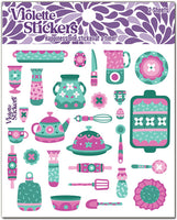 Pink and green kitchen dishes with Dutch inspired patterned flowers stickers.