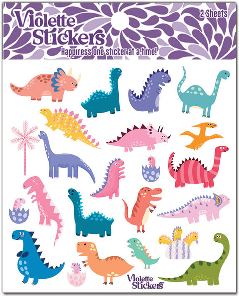Bright pastel colored miniature dinosaur stickers. Ideal for birthday party treat bags or birthday invite envelopes.  2 Sheets of 4" x 4" stickers packaged in a plastic sleeve.