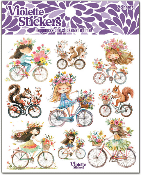 K334 Girls and Squirrels on Bikes Stickers