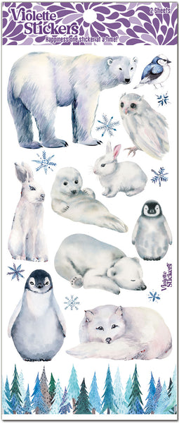 White winter snow animals with blue snowflakes and row of misty blue winter tree stickers by Violette Stickers