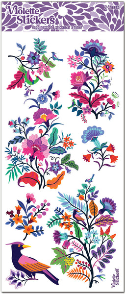 Beautiful Danish inspired florals with bird stickers.  Bright colors and festive swirls by Violette Stickers