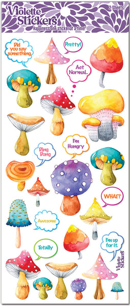 Talking colorful mushroom stickers make the party fun.   Bright colored mushroom stickers with fun sayings by Violette Stickers