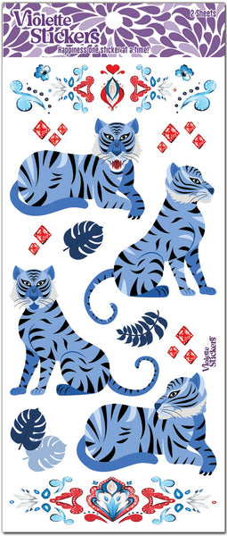 NEW TREND! All things blue. Regal blue striped tiger stickers with red jewels and blue flowers by Violette Stickers