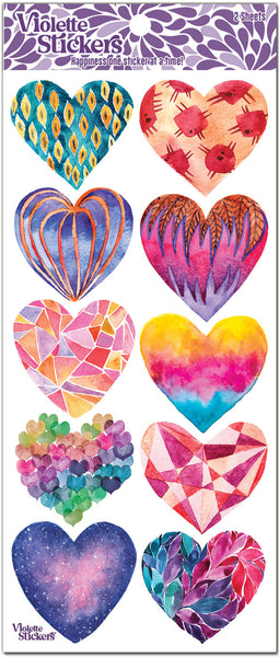 Large colorful patterned watercolor heart stickers by Violette Stickers