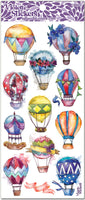 Watercolor hot air balloon stickers with ribbons, banners and flowers.  Hot air balloons from our 4" x 4" collection was such a great seller we created a new page of  2" x 8" hot air ballon stickers just for you! by Violette Stickers