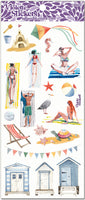 Fun watercolor beach scene stickers with sun bathers, beach huts, kite, sand castle, seashell stickers. Great for vacation scrapbooking memories or use in your planner for vacation reminders by Violette Stickers