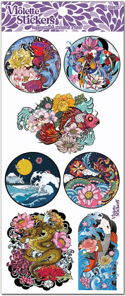 Colorful Japanese tattoos style stickers with big florals, moon, Koi fish, dragons, birds and water. These tattoos style motifs make beautiful stickers for envelope seals or planners. by Violette Stickers
