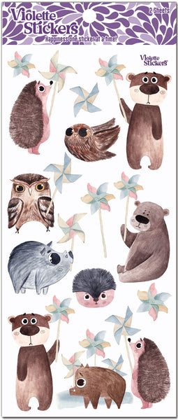 Cuddly animals from the forest with pinwheels stickers. Bear, porcupine, owls and piglet holding pastel pinwheels. Ideal for baby showers or baby shower invitation envelope seals.by Violette Stickers