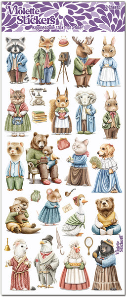 Since our last sticker of Cottage Critters was so popular, we decided to add a mini set adorable cottage creature stickers.   Rabbits, bears, raccoons, chickens and squirrels dressed up for fun. by Violette Stickers