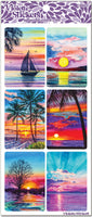 6 square watercolor tropical sunset scene stickers.  Bright painted landscape sunset stickers. by Violette Stickers