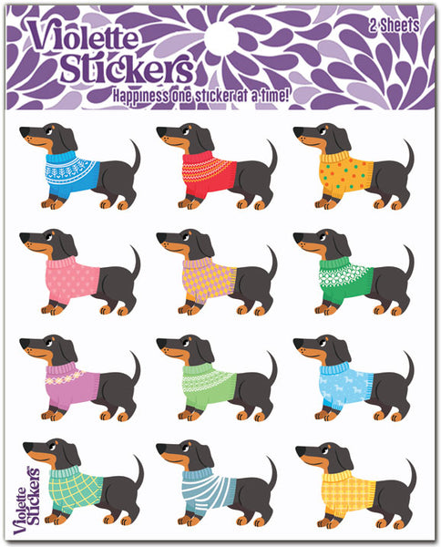Mini dioxin Weiner dogs in colorful sweaters stickers ideal for planners or crafting by Violette Stickers