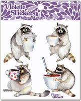 Four raccoons enjoying morning coffee and tea stickers. by Violette Stickers