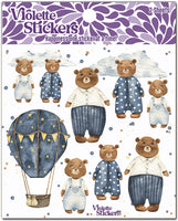 Three bears in blue and white pajamas ready for bed with stars, clouds and hot air balloon  ready for a dreamy nights sleep stickers.  Great baby baby showers or scrapbooking pages.