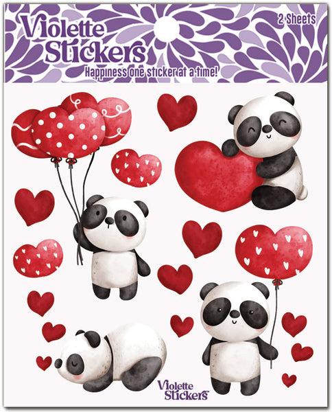 Black and white pandas with red heart balloons stickers. Ideal for Valentine's Day crafting, school party treats, or envelope seals for Valentines. by Violette Stickers