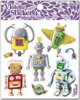 Brightly painted metal robot toy stickers. Great for kids birthday party treat bags, invitations, name tags, place settings on birthday tables or just fun for collecting. by Violette Stickers