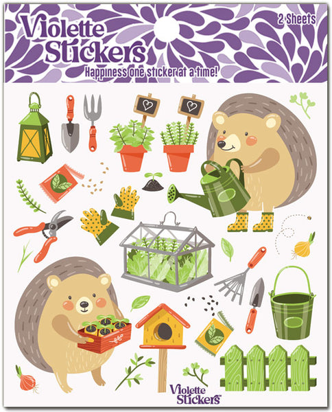 Gardening hedgehogs stickers with plants, metal box garden, bird house, plants, seeds, gardening tools, fence and pail.  Fun sheet of stickers to create a mini garden collage. Ideal for Go Green, save the planet, farmers market and shop local events. by Violette Stickers