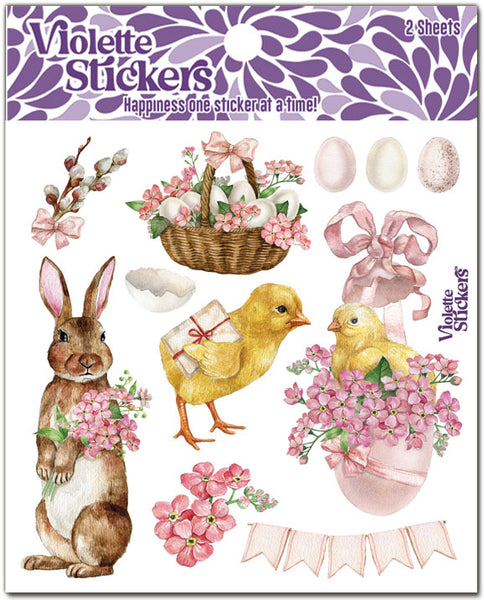 Victorian Easter rabbits, Easter Basket, yellow chicks and pink flower stickers.
