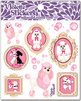 Pink poodles in ornate gold frames with pink bubble and stickers.  2 Sheets of 4" x 4" stickers packaged in a plastic sleeve.