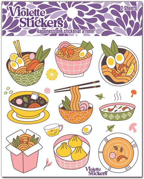 Asian noodle ramen bowls, dumplings and take out food stickers.  Dim sum, china tea, bowled egg, chop sticks, pink ramen bowl