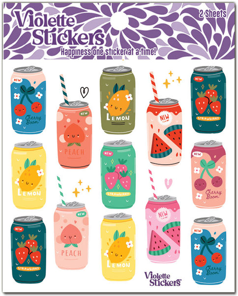 Fruity flavored soda pop with straws stickers include cherry soda, lemonade, strawberry pop, peach soda and watermelon fizz!