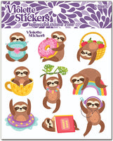 Cute and cuddly colorful sloth stickers with book, rainbow, donut, swim floatie, and headphones stickers. sloth swimming, sloth reading, sloth in teacup, sloth listening to music